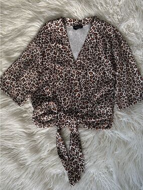 bebe Animal Print Tie-Waist V-Neck Blouse - Brown, Black